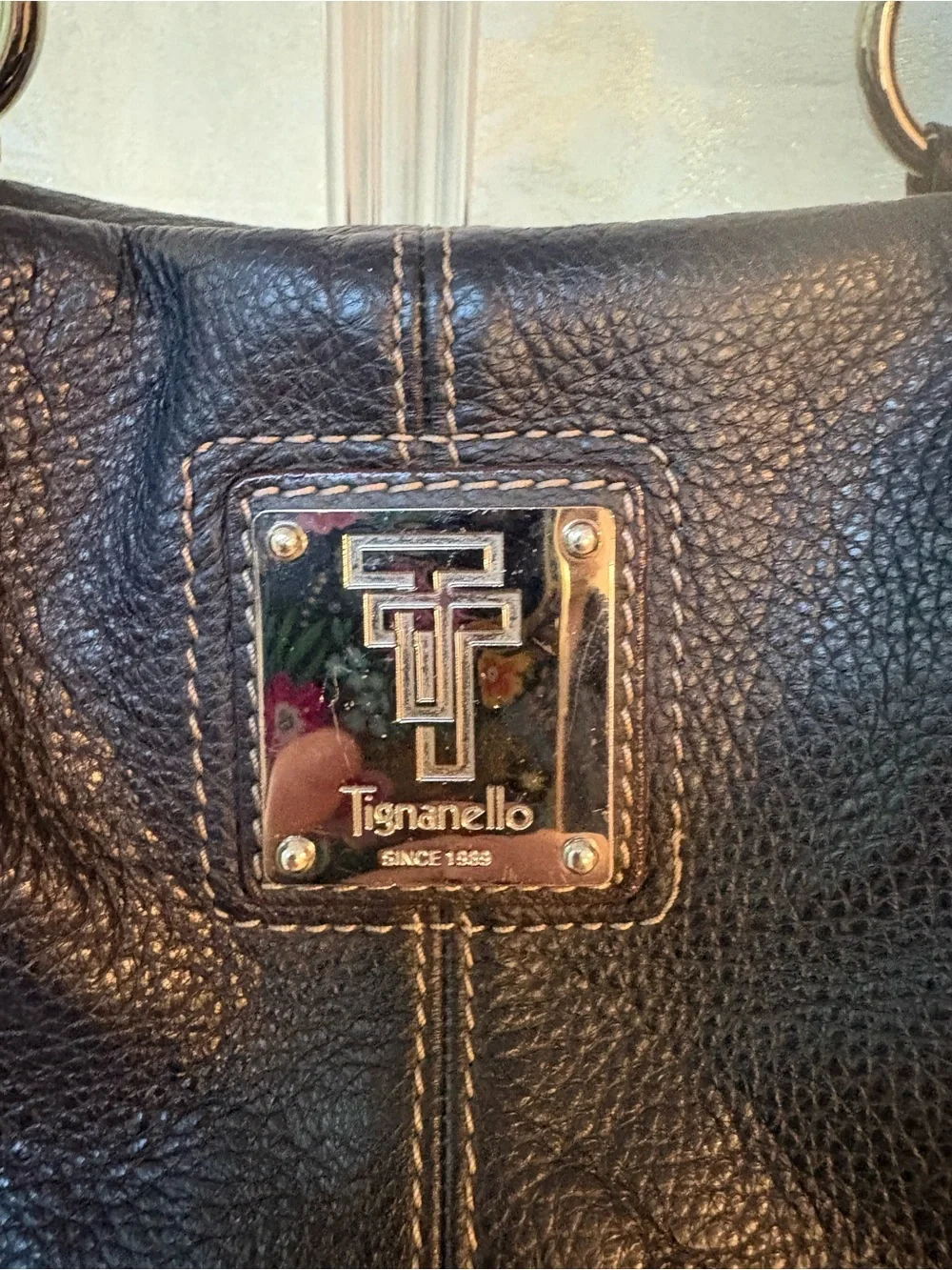 Tignanello Black Pebbled Leather Shoulder Bag with Silver Hardware